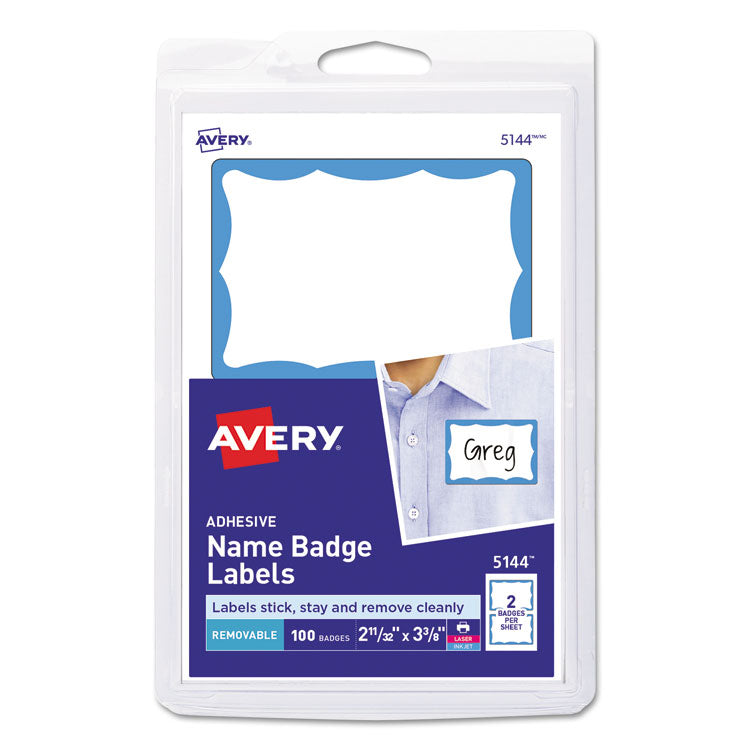 Avery - Printable Adhesive Name Badges, 3.38 x 2.33, Blue Border, 100/Pack