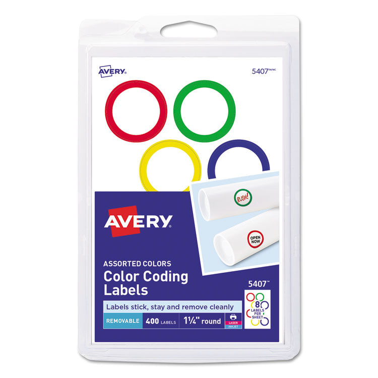 Avery - Printable Self-Adhesive Removable Color-Coding Labels, 1.25" dia., Assorted Colors, 8/Sheet, 50 Sheets/Box