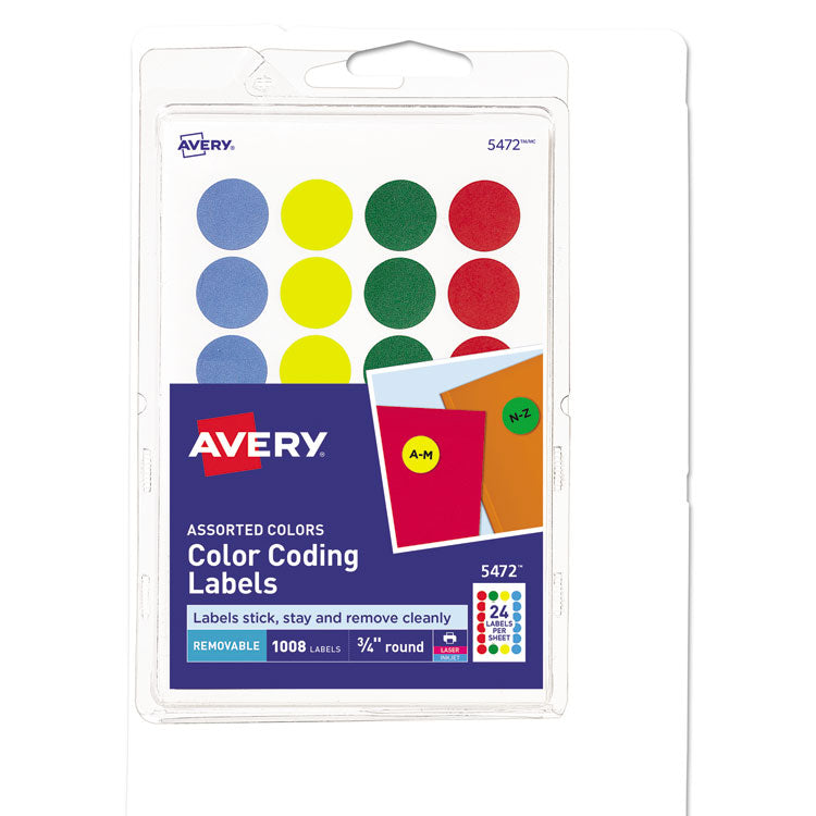 Avery - Printable Self-Adhesive Removable Color-Coding Labels, 0.75" dia., Assorted Colors, 24/Sheet, 42 Sheets/Pack, (5472)