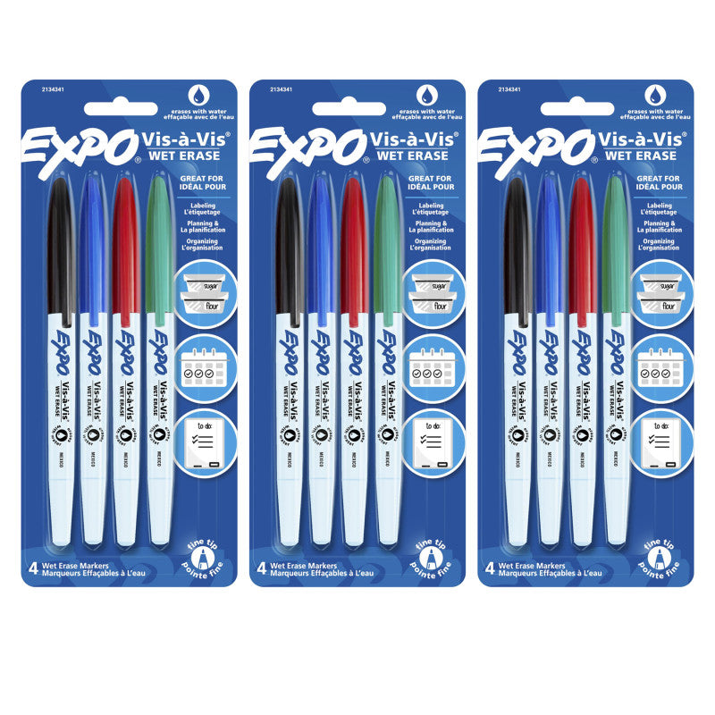 EXPO - Vis-à-Vis Wet Erase Marker Set, Fine Tip, 4 Colors Per Pack, 3 Packs