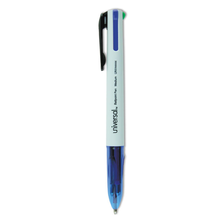 Universal - 4-Color Multi-Color Ballpoint Pen, Retractable, Medium 1 mm, Black/Blue/Green/Red Ink, White/Translucent Blue Barrel, 3/Pack