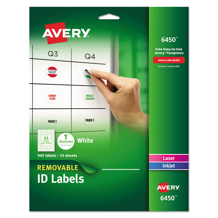 Avery - Removable Multi-Use Labels, Inkjet/Laser Printers, 1" dia., White, 63/Sheet, 15 Sheets/Pack