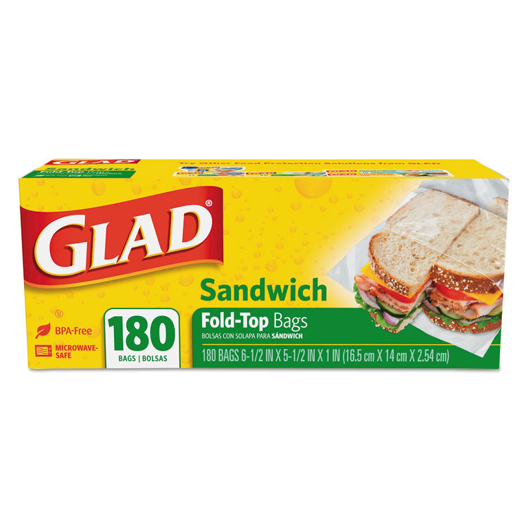 Glad - Fold-Top Sandwich Bags, 6.5" x 5.5", Clear, 180/Box, 12 Boxes/Carton