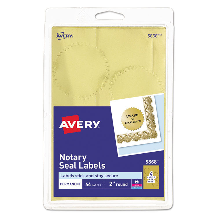 Avery - Printable Gold Foil Seals, 2" dia., Gold, 4/Sheet, 11 Sheets/Pack, (5868)