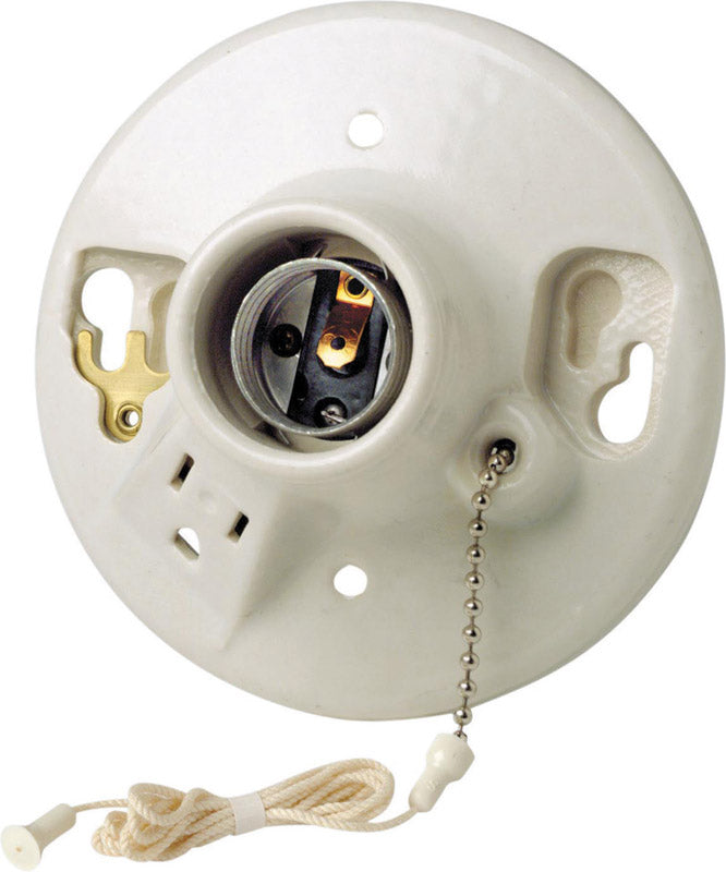 LEVITON - Leviton Porcelain Incandescent Medium Base Pull Chain Socket w/Outlet 1 pk [09726-00C]