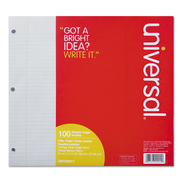 Universal - Filler Paper, 3-Hole, 8.5 x 11, Medium/College Rule, 100/Pack