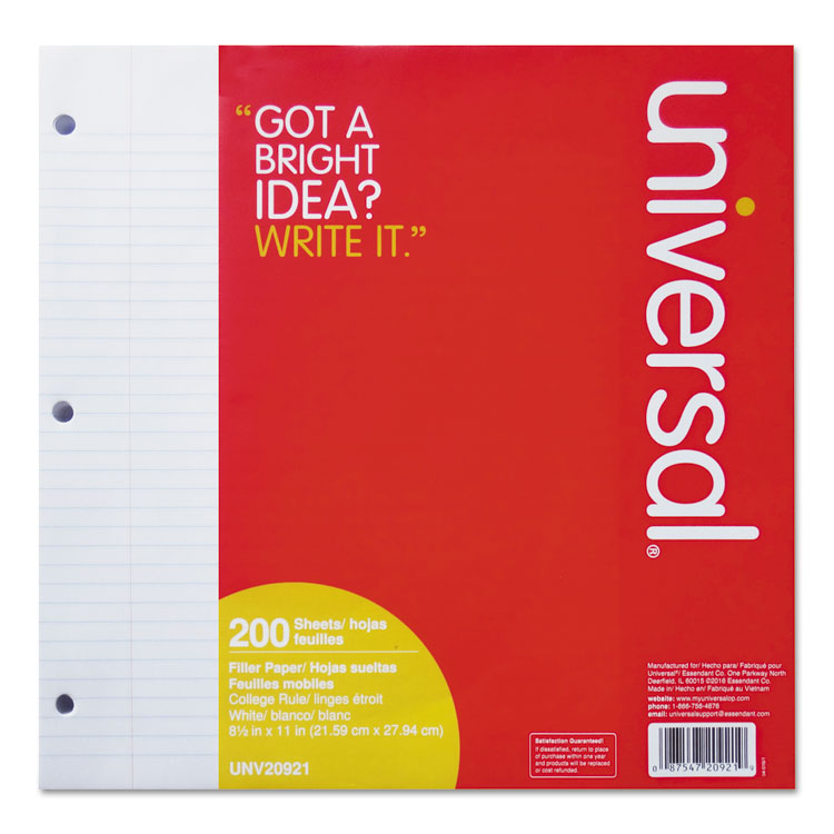 Universal - Filler Paper, 3-Hole, 8.5 x 11, Medium/College Rule, 200/Pack