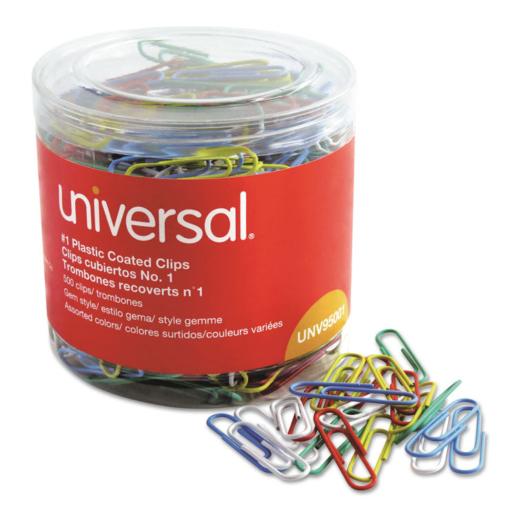 Universal - Plastic-Coated Paper Clips with One-Compartment Storage Tub, #1, Assorted Colors, 500/Pack