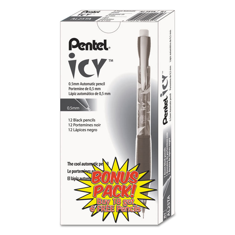 Pentel - Icy Mechanical Pencil, 0.5 mm, HB (#2.5), Black Lead, Transparent Smoke Barrel, 24/Pack