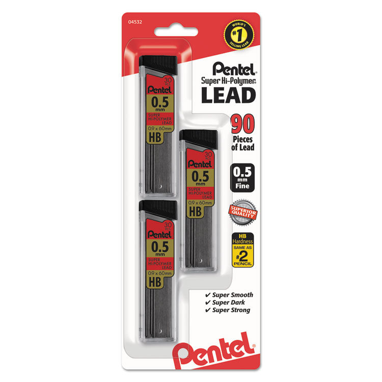 Pentel - Super Hi-Polymer Lead Refills, 0.5 mm, HB, Black, 30/Tube, 3 Tubes/Pack