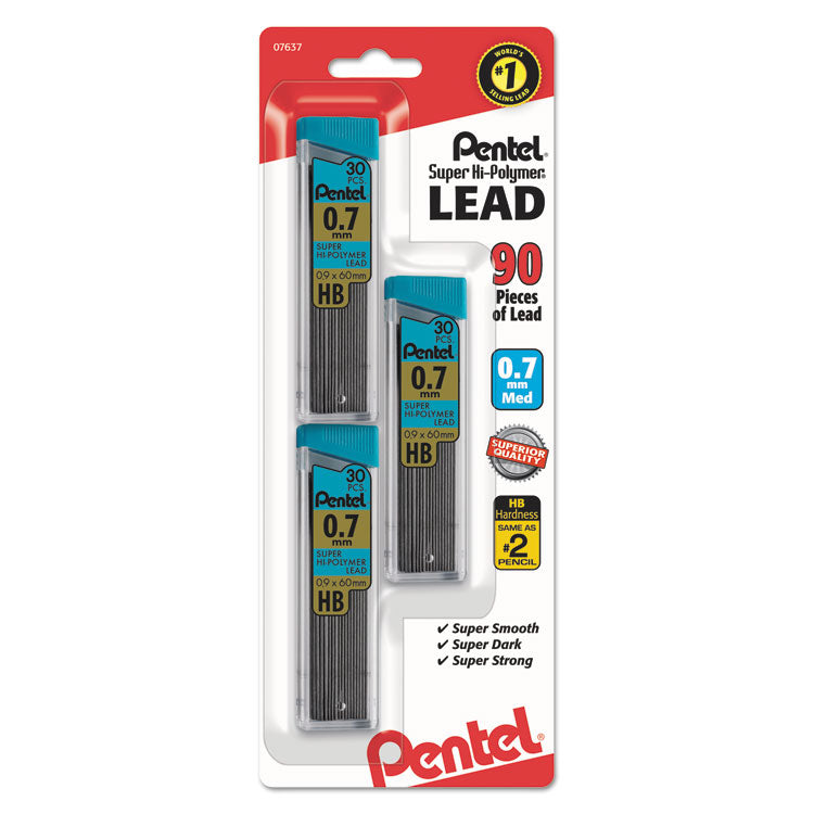 Pentel - Super Hi-Polymer Lead Refills, 0.7 mm, HB, Black, 30/Tube, 3 Tubes/Pack