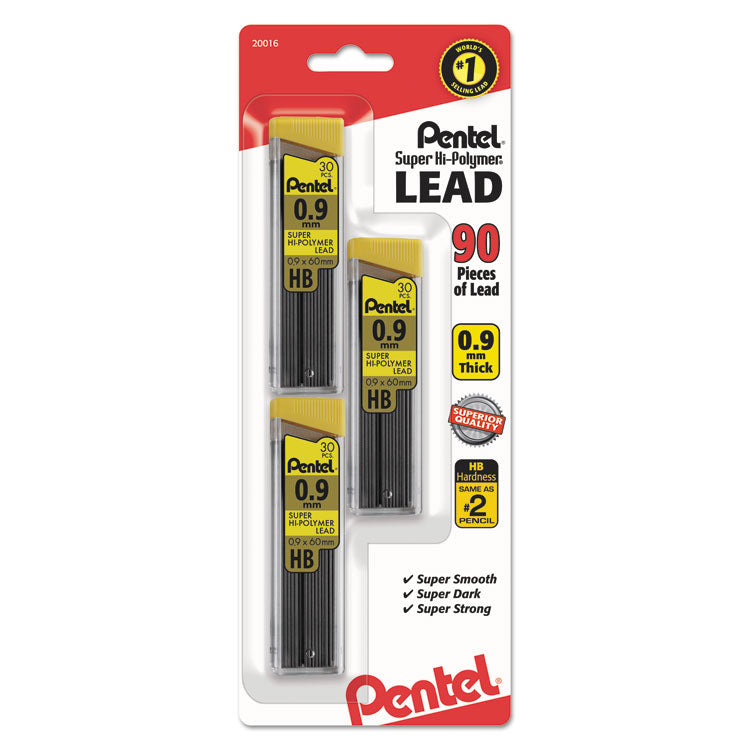 Pentel - Super Hi-Polymer Lead Refills, 0.9 mm, HB, Black, 30/Tube, 3 Tubes/Pack