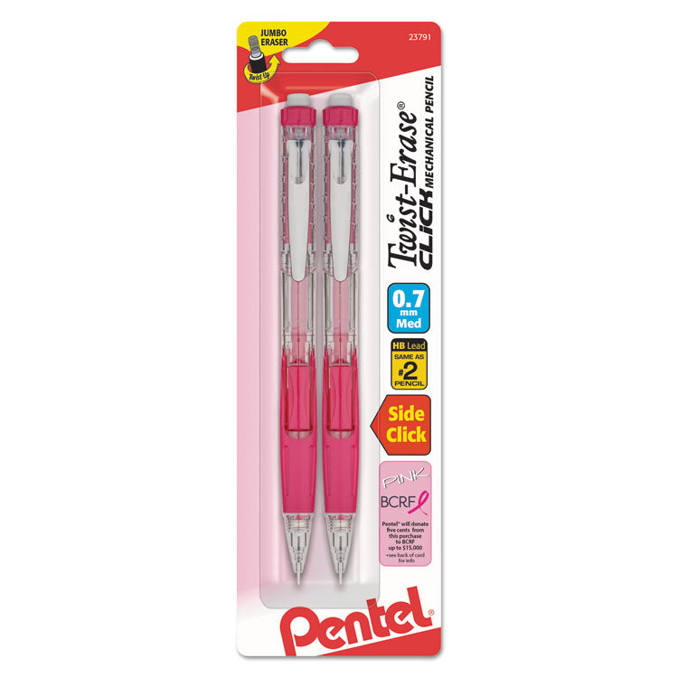 Pentel - Twist-Erase CLICK Mechanical Pencil, 0.7 mm, HB (#2.5), Black Lead, Pink Barrel, 2/Pack