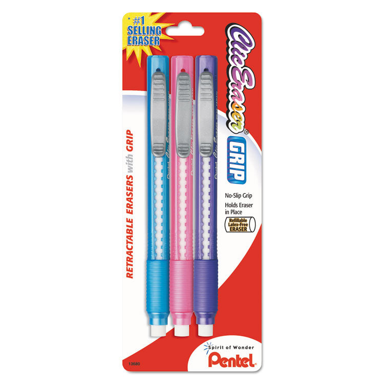 Pentel - Clic Eraser Grip Eraser, For Pencil Marks, White Eraser, Randomly Assorted Barrel Colors (Three-Colors), 3/Pack