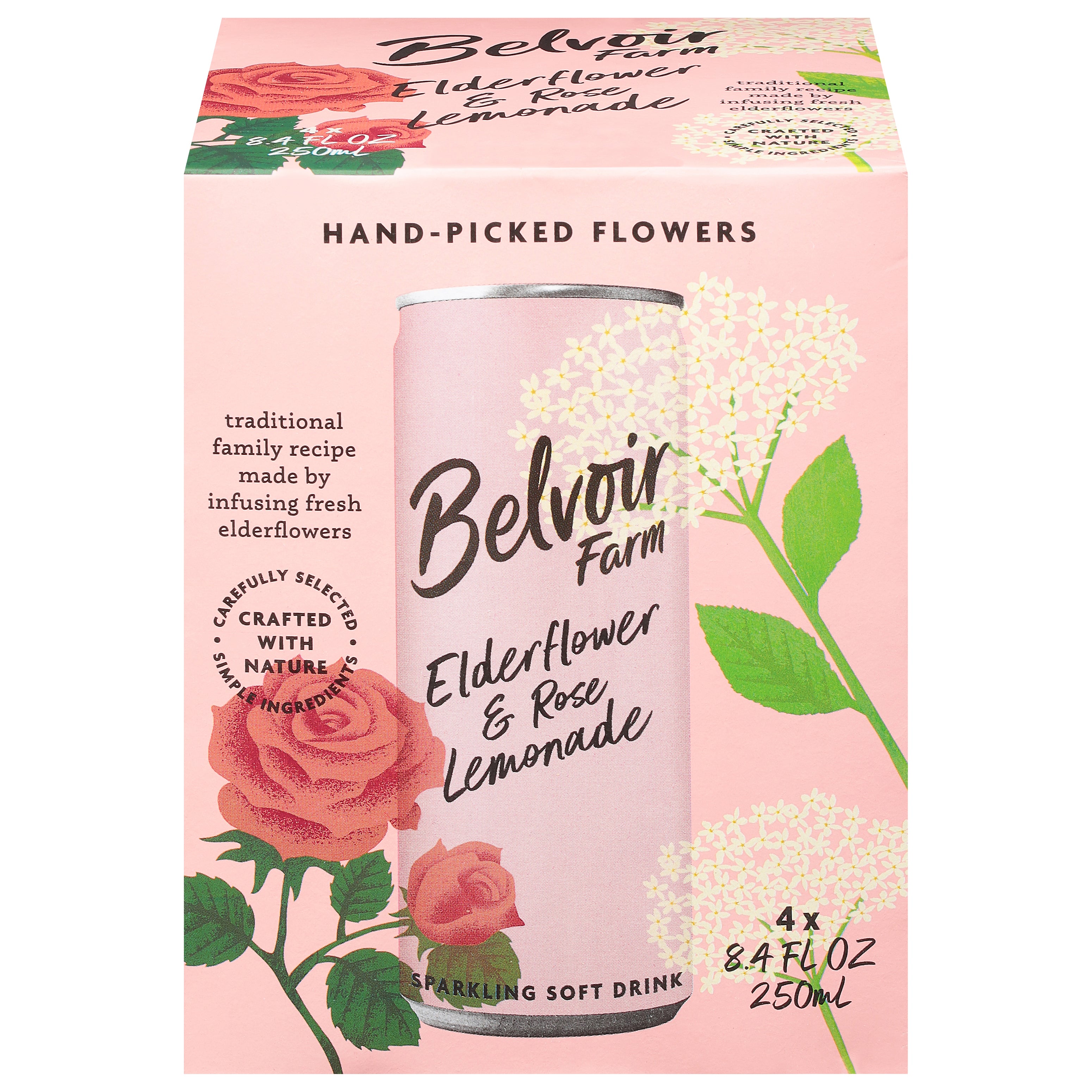 Belvoir Farm Elderflower & Rose Lemonade Sparkling Soft Drink 4 - 8.4 fl oz Cans - Case of 6