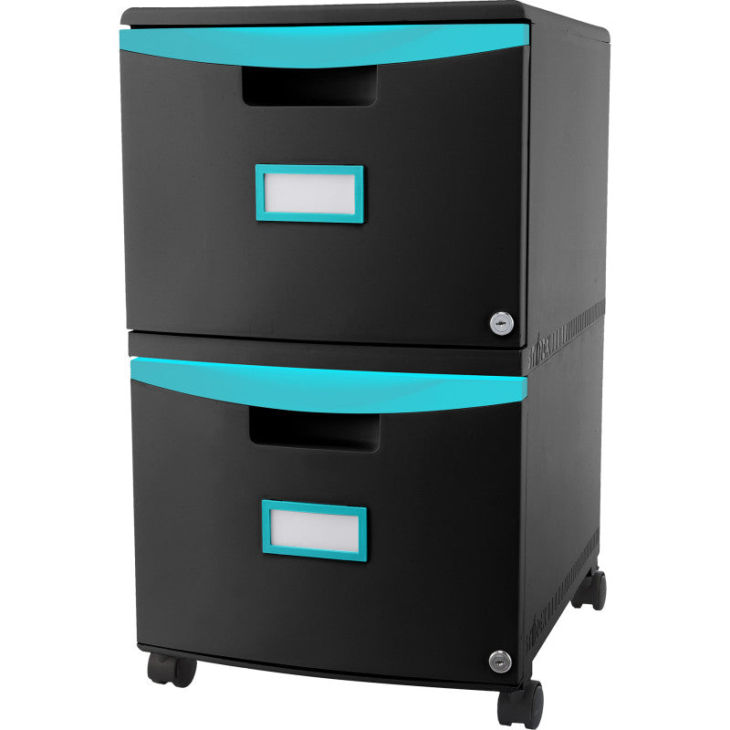 STOREX - 2 Drawer Mobile File Cabinet with Lock, Black & Teal