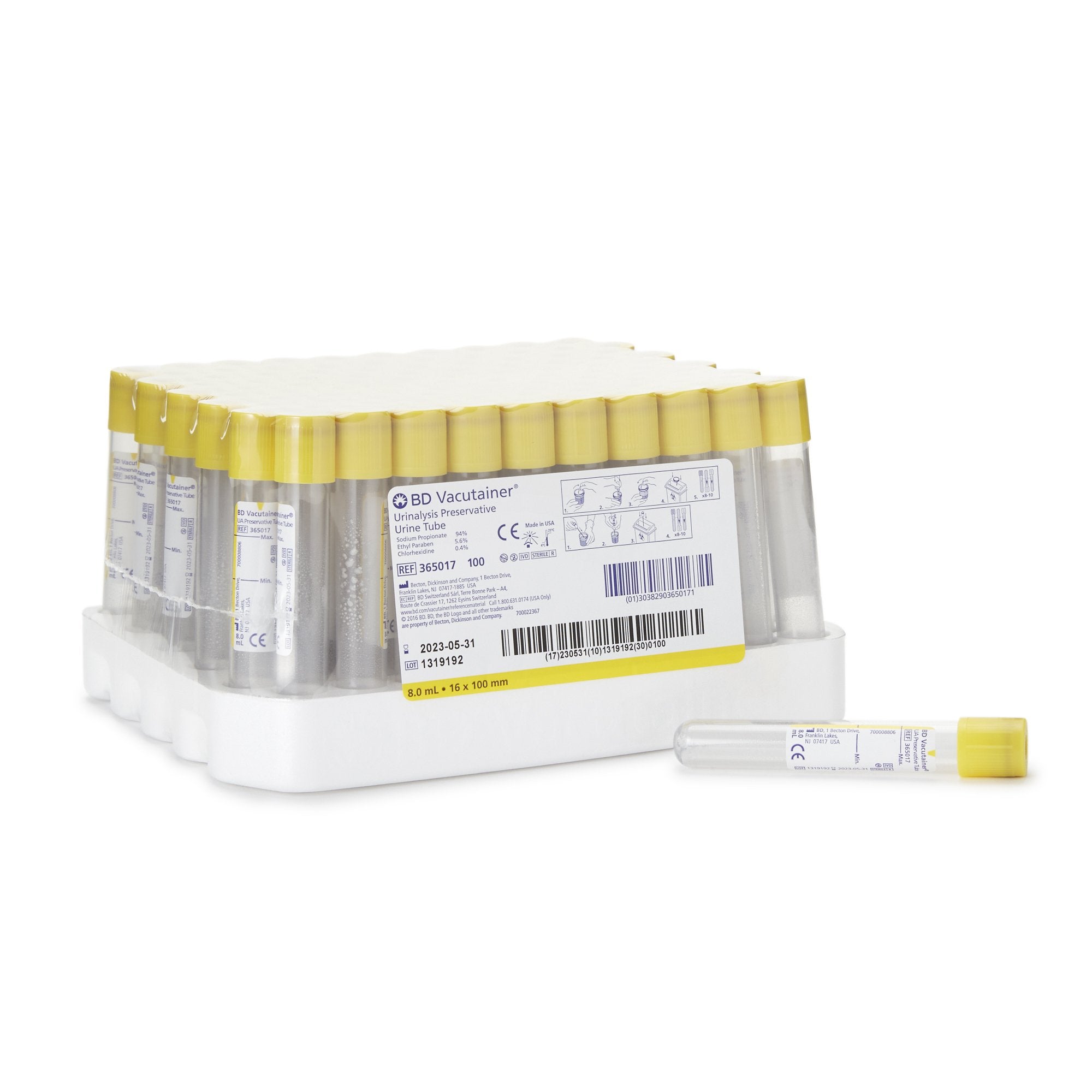 BD - BD Vacutainer® Urinalysis Tube Chlorhexidine / Ethyl Paraben / Sodium Propionate Additive 8 mL BD Hemogard™ Closure Polyethylene Terephthalate (PET) Tube [1000/CS]