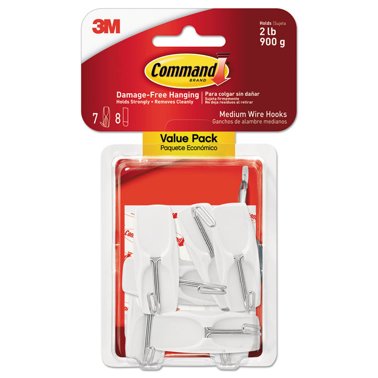 Command - General Purpose Wire Hooks, Medium, 2 lb Cap, White, 7 Hooks and 8 Strips/Pack