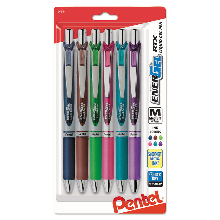 Pentel - EnerGel RTX Gel Pen, Retractable, Medium 0.7 mm, Assorted Ink and Barrel Colors, 6/Pack