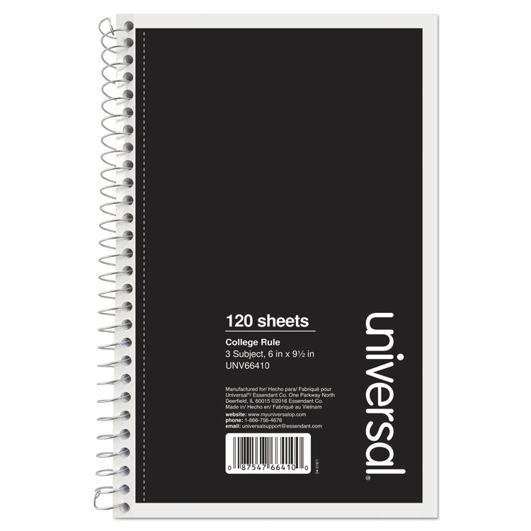 Universal - Wirebound Notebook, 3-Subject, Medium/College Rule, Black Cover, (120) 9.5 x 6 Sheets