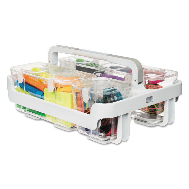 deflecto - Stackable Caddy Organizer with S, M and L Containers, Plastic, 10.5 x 14 x 6.5, White Caddy/Clear Containers