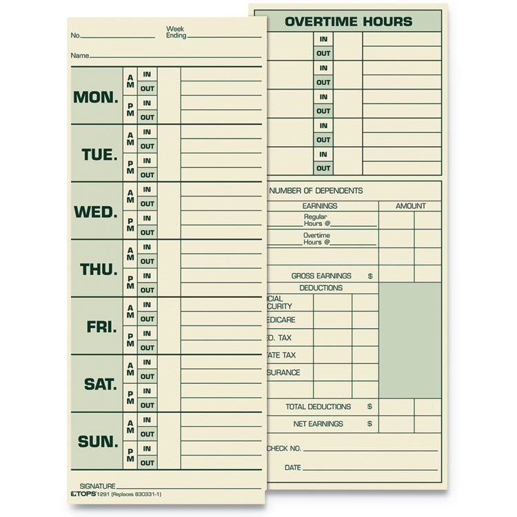 TOPS - Time Clock Cards, Replacement for 331-10, Two Sides, 3.5 x 8.5, 500/Box