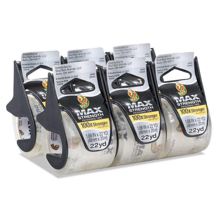 Duck - MAX Packaging Tape with Dispenser, 1.5" Core, 1.88" x 22 yds, Crystal Clear, 6/Pack