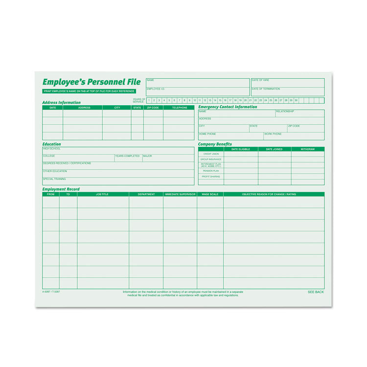 TOPS - Employee's Record File Folder, Straight Tabs, Letter Size, Index Stock, Green, 20/Pack