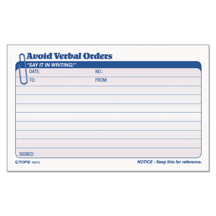 TOPS - Avoid Verbal Orders Manifold Book, Two-Part Carbonless, 6.25 x 4.25, 50 Forms Total