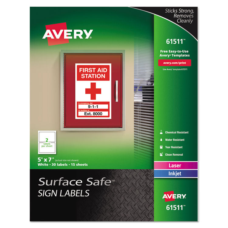 Avery - Surface Safe Removable Label Safety Signs, Inkjet/Laser Printers, 5 x 7, White, 2/Sheet, 15 Sheets/Pack