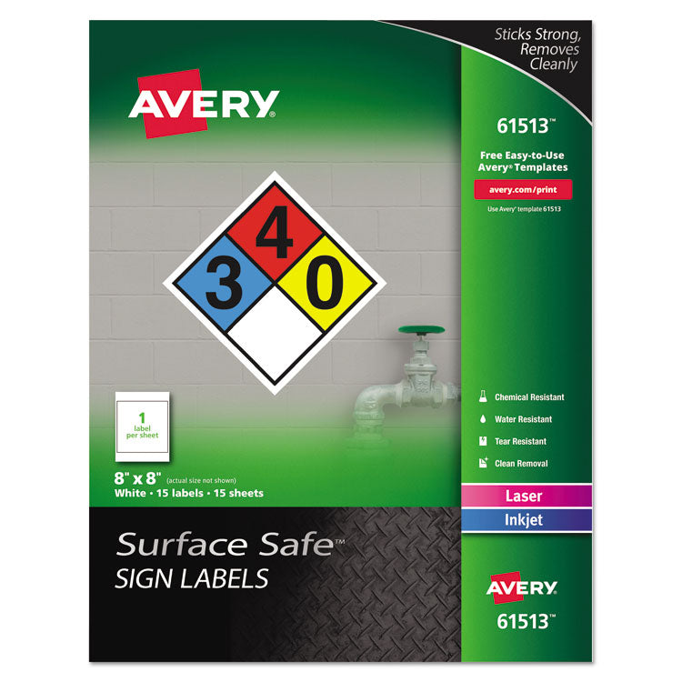 Avery - Surface Safe Removable Label Safety Signs, Inkjet/Laser Printers, 8 x 8, White, 15/Pack