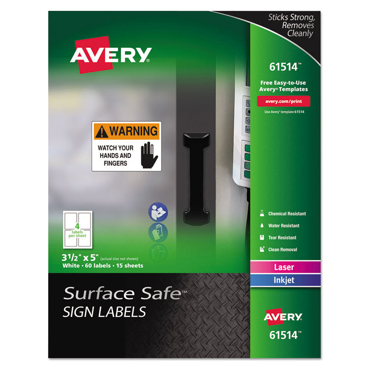 Avery - Surface Safe Removable Label Safety Signs, Inkjet/Laser Printers, 3.5 x 5, White, 4/Sheet, 15 Sheets/Pack