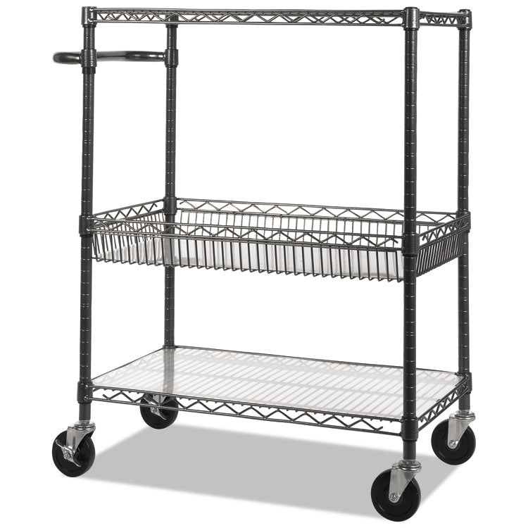 Alera - Three-Tier Wire Cart with Basket, Metal, 2 Shelves, 1 Bin, 500 lb Capacity, 34" x 18" x 40", Black Anthracite