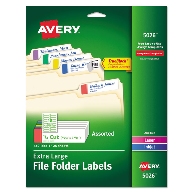 Avery - Extra-Large TrueBlock File Folder Labels with Sure Feed Technology, 0.94 x 3.44, White, 18/Sheet, 25 Sheets/Pack (9834391)