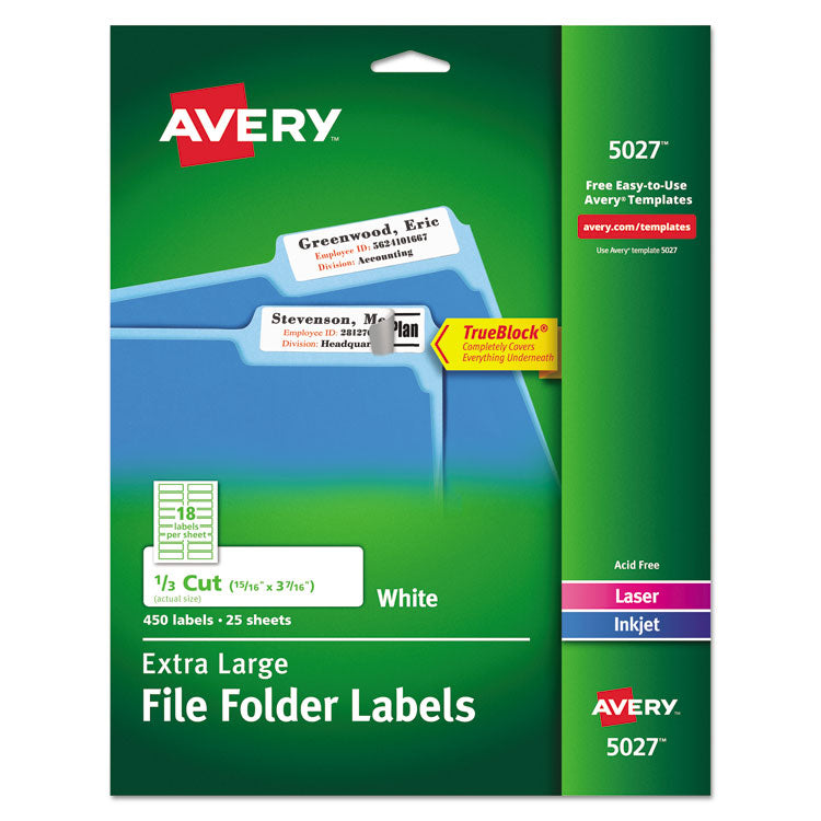 Avery - Extra-Large TrueBlock File Folder Labels with Sure Feed Technology, 0.94 x 3.44, White, 18/Sheet, 25 Sheets/Pack (9834383)