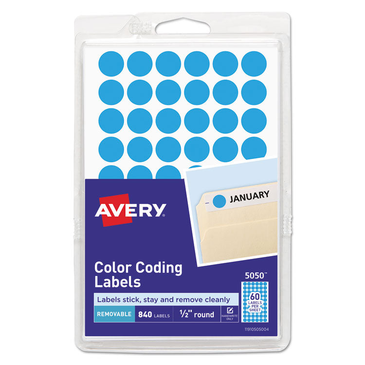 Avery - Handwrite Only Self-Adhesive Removable Round Color-Coding Labels, 0.5" dia., Light Blue, 60/Sheet, 14 Sheets/Pack, (5050)