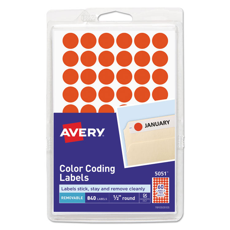 Avery - Handwrite Only Self-Adhesive Removable Round Color-Coding Labels, 0.5" dia., Neon Red, 60/Sheet, 14 Sheets/Pack, (5051)