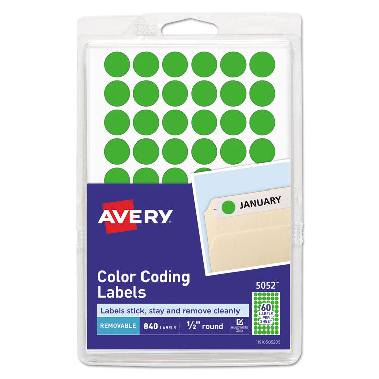 Avery - Handwrite Only Self-Adhesive Removable Round Color-Coding Labels, 0.5" dia., Neon Green, 60/Sheet, 14 Sheets/Pack, (5052)