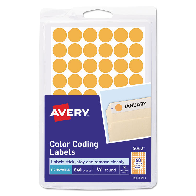 Avery - Handwrite Only Self-Adhesive Removable Round Color-Coding Labels, 0.5" dia., Neon Orange, 60/Sheet, 14 Sheets/Pack, (5062)