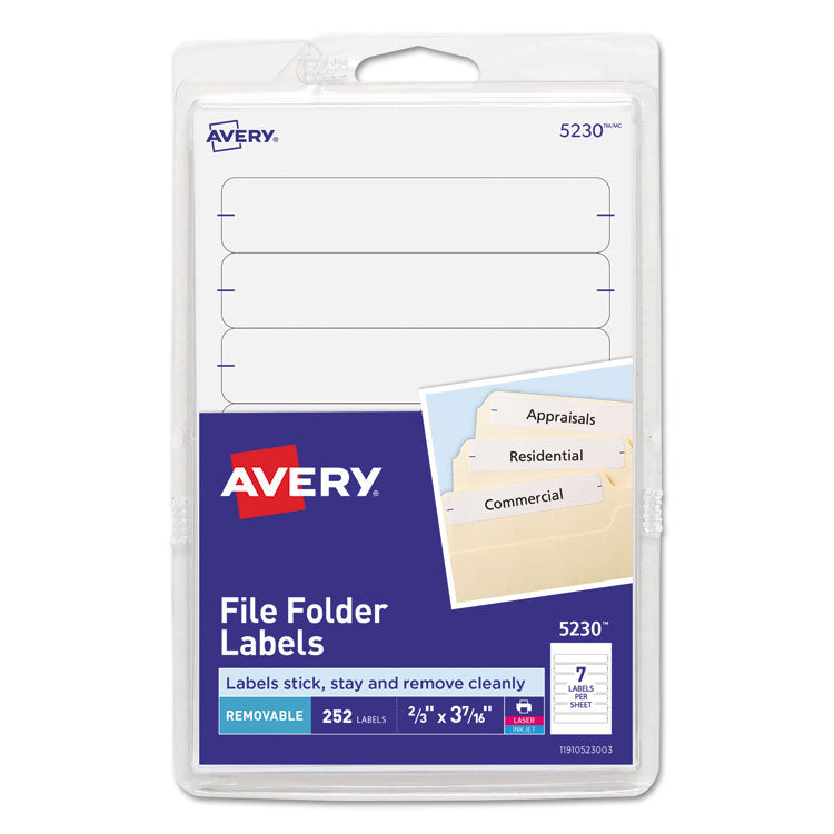 Avery - Removable File Folder Labels with Sure Feed Technology, 0.66 x 3.44, White, 7/Sheet, 36 Sheets/Pack