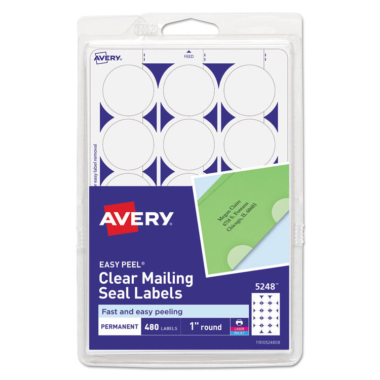 Avery - Printable Mailing Seals, 1" dia., Clear, 15/Sheet, 32 Sheets/Pack, (5248)