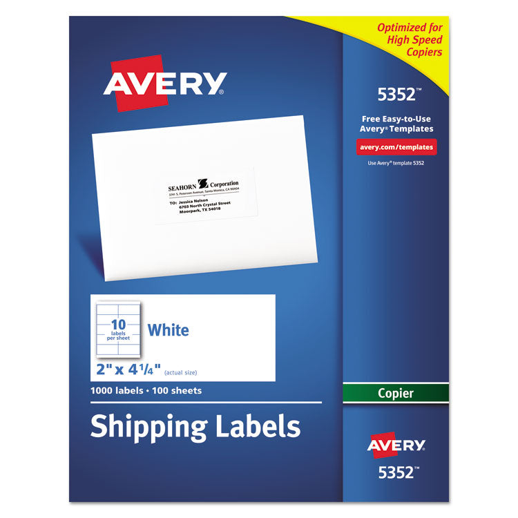 Avery - Copier Mailing Labels, Copiers, 2 x 4.25, White, 10/Sheet, 100 Sheets/Box