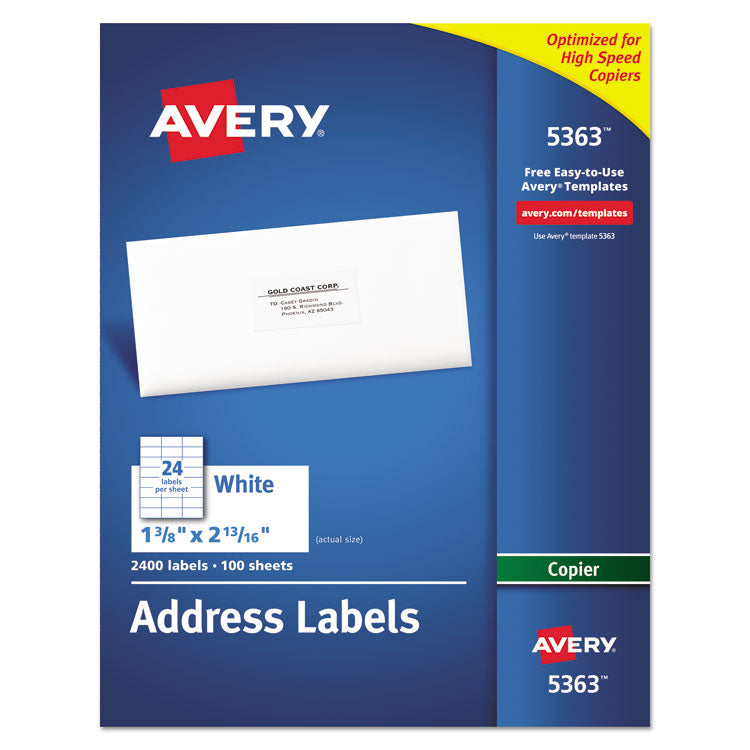 Avery - Copier Mailing Labels, Copiers, 1.38 x 2.81, White, 24/Sheet, 100 Sheets/Box