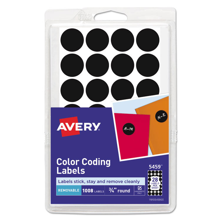 Avery - Handwrite Only Self-Adhesive Removable Round Color-Coding Labels, 0.75" dia., Black, 28/Sheet, 36 Sheets/Pack, (5459)