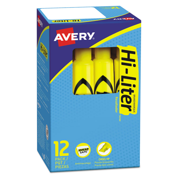 Avery - HI-LITER Desk-Style Highlighters, Yellow Ink, Chisel Tip, Yellow/Black Barrel, Dozen