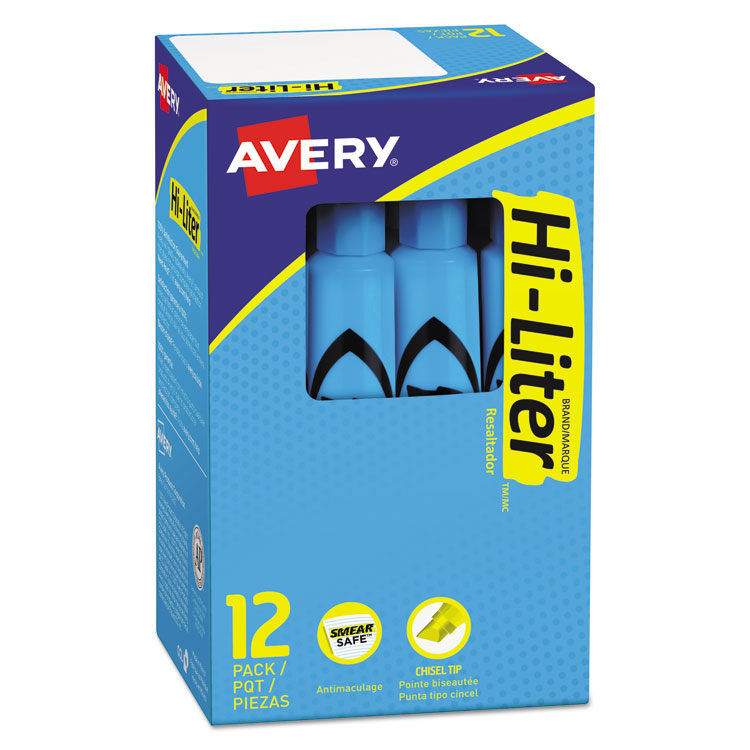 Avery - HI-LITER Desk-Style Highlighters, Light Blue Ink, Chisel Tip, Light Blue/Black Barrel, Dozen