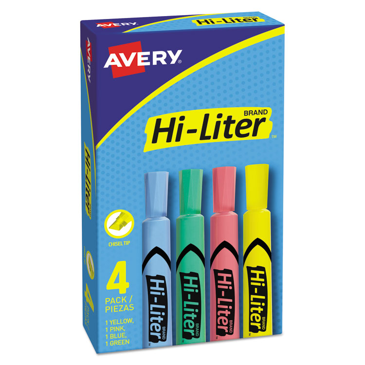 Avery - HI-LITER Desk-Style Highlighters, Assorted Ink Colors, Chisel Tip, Assorted Barrel Colors, 4/Set (6862569)