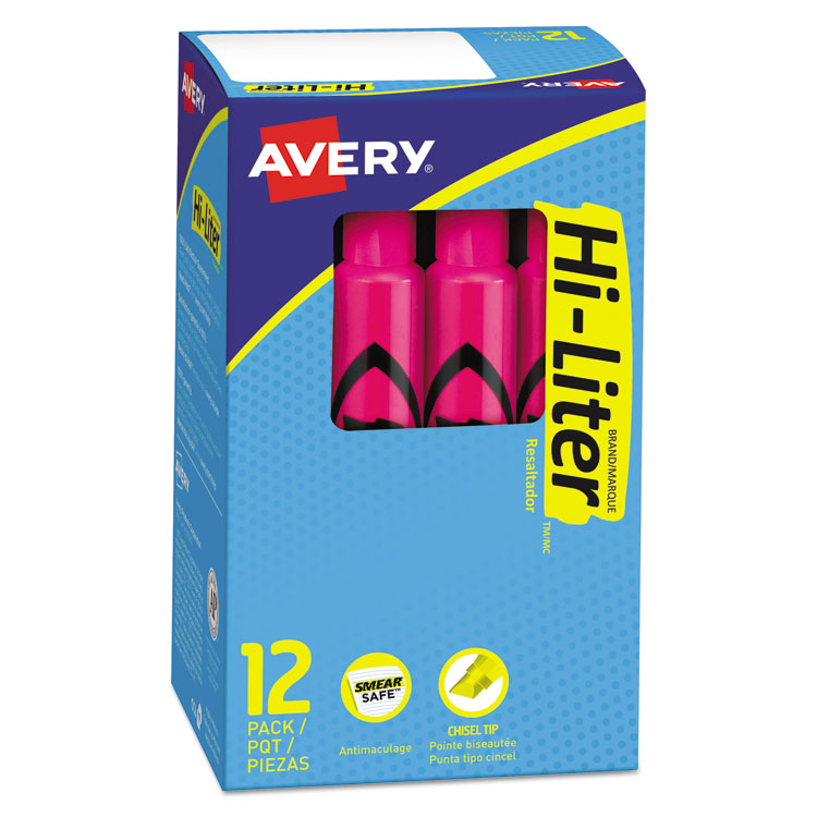 Avery - HI-LITER Desk-Style Highlighters, Fluorescent Pink Ink, Chisel Tip, Pink/Black Barrel, Dozen