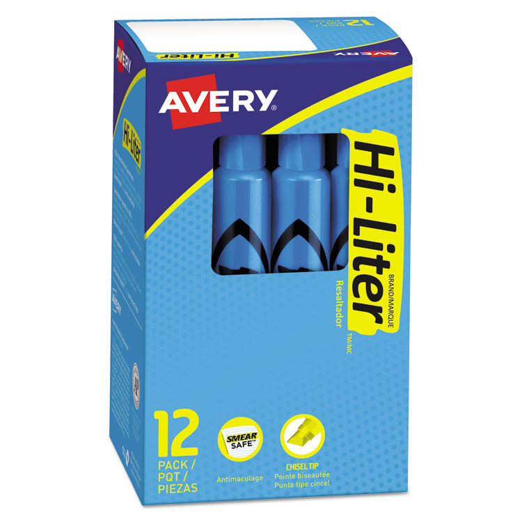 Avery - HI-LITER Desk-Style Highlighters, Fluorescent Blue Ink, Chisel Tip, Blue/Black Barrel, Dozen