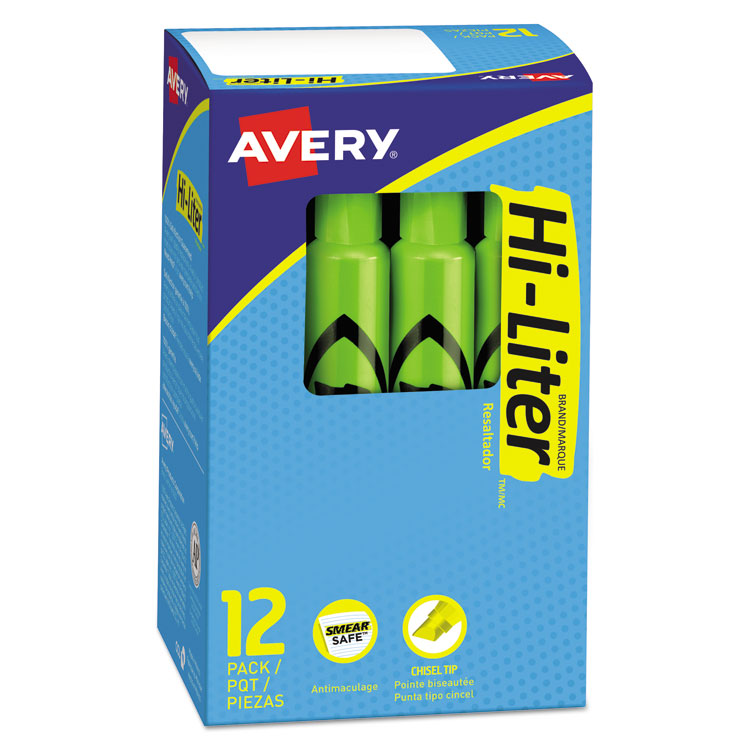 Avery - HI-LITER Desk-Style Highlighters, Fluorescent Green Ink, Chisel Tip, Green/Black Barrel, Dozen